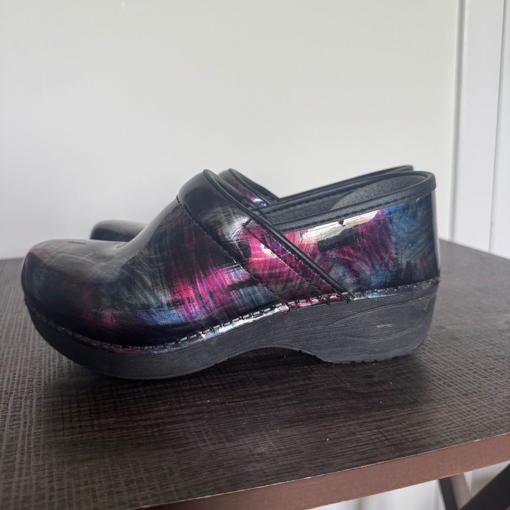 Dansko Black Leather Mules with Iridescent Pink & Blue Highlights